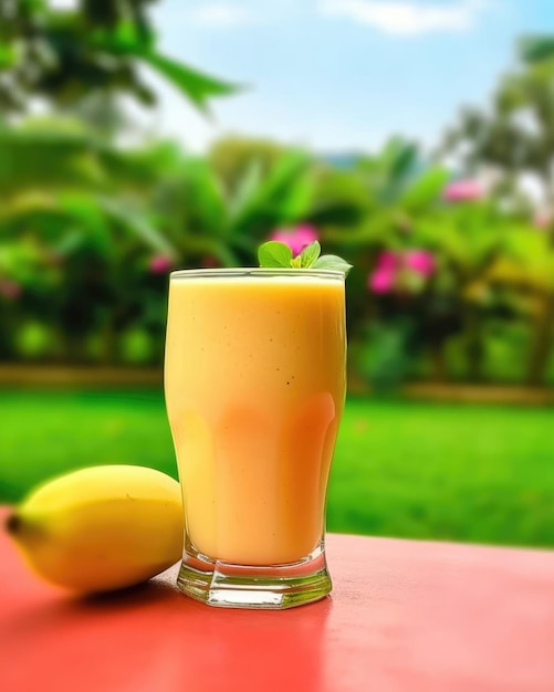 Smoothie de frutas com fundo de jardim