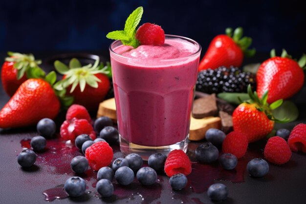 Foto smoothie de frutas vermelhas com frutas frescas ao redor