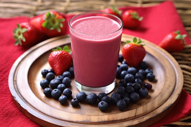 Smoothie de frutas vermelhas em copo de cristal sobre uma esteira de bambu