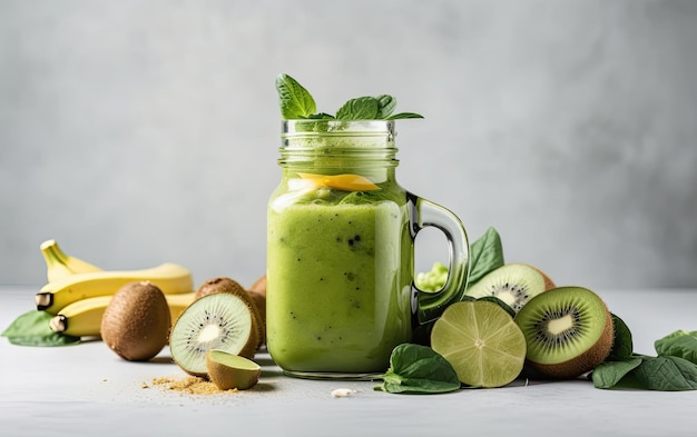 Smoothie de kiwi com folhas de limão e hortelã em frasco de vidro