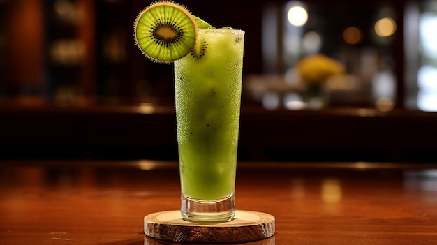 Smoothie de kiwi verde em um copo sobre uma mesa de madeira