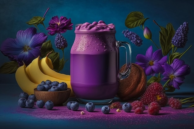 Smoothie de mirtilo vidro roxo desintoxicação mirtilos fundo de flor de leite de amêndoa Generative AI