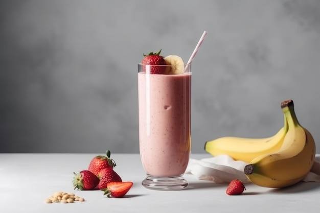 Smoothie de morango e banana em fundo branco IA generativa