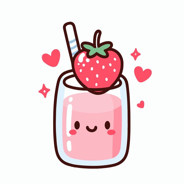 Smoothie de morango em um copo com morango de palha e corações Ilustração vetorial de desenho animado bonito