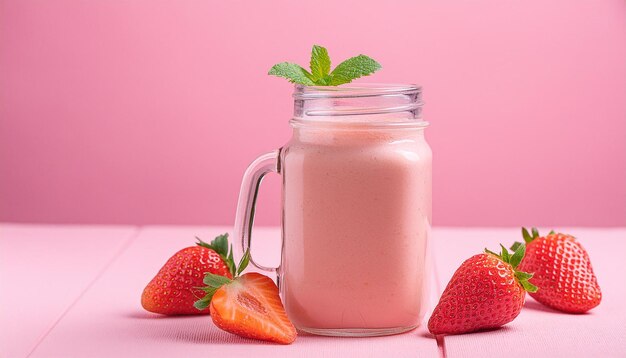 Smoothie de morango ou milkshake em frasco de vidro em mesa rosa Deliciosa bebida refrescante