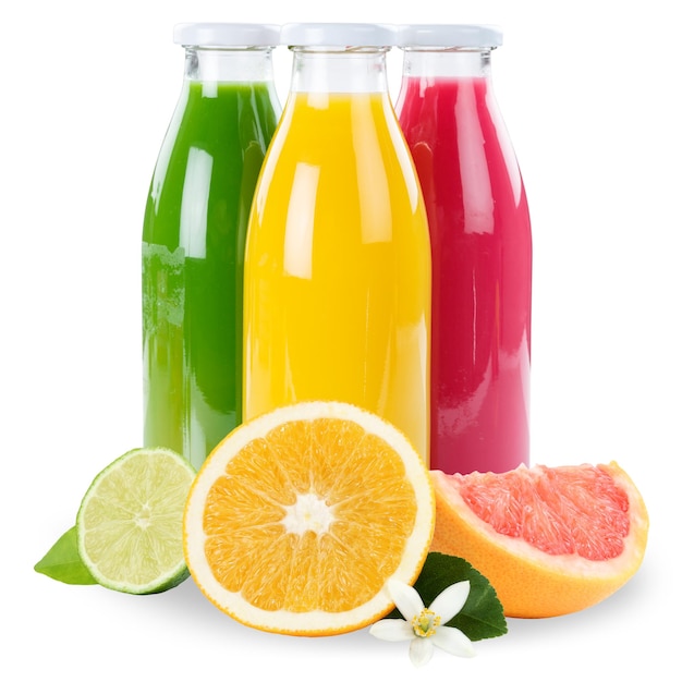 Smoothie de suco de laranja frutas smoothies em garrafa quadrada isolada em branco