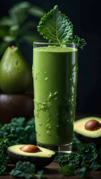 Smoothie de vegetais verdes saudáveis com couve de abacate