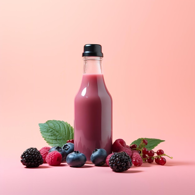 Smoothie de verão Berry em uma garrafa de vidro em um fundo rosa delicado com mirtilos