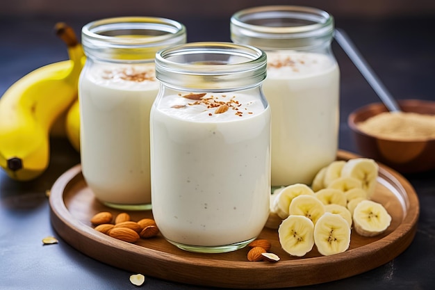 Smoothie para el desayuno de plátanos en frascos de vidrio IA generativa