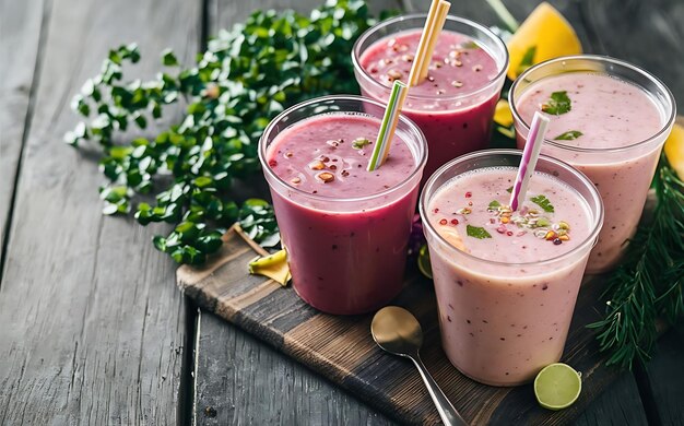 Smoothie dulce en vasos de plástico en una mesa de madera