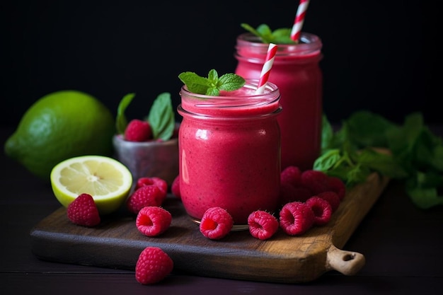 Smoothie de frambuesa vegano con agua para la boca