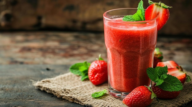 Smoothie de fresa con menta en un fondo rústico