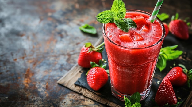 Smoothie de fresa con menta en un fondo rústico