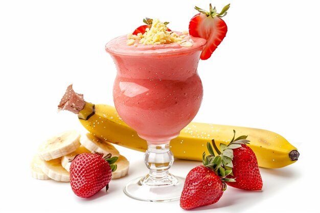 Smoothie de fresa y plátano sobre un fondo blanco