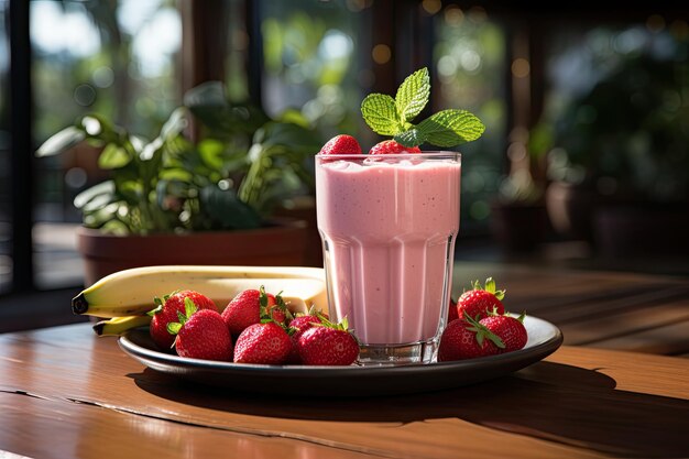 Smoothie de fresa y plátano en vaso de vidrio con frutas frescas generativo IA