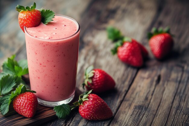 Smoothie de fresa sobre un fondo de madera