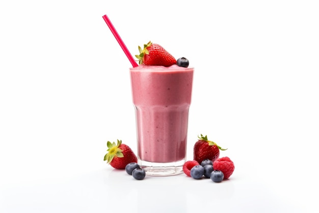 Smoothie fresco com morangos e mirtilos em fundo branco Em uma superfície branca ou clara PNG Fundo transparente