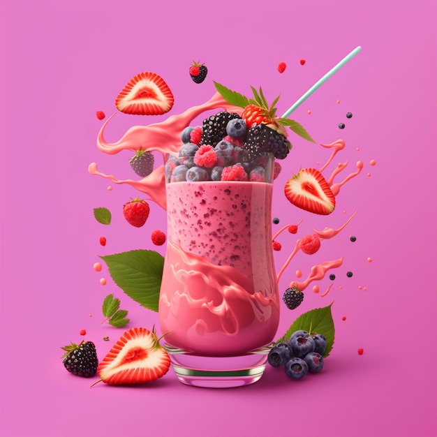 Smoothie fresco e delicioso com bagas flutuando em um fundo rosa