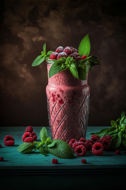 Smoothie ist mit Himbeeren und Minzblättern garniert generative ai