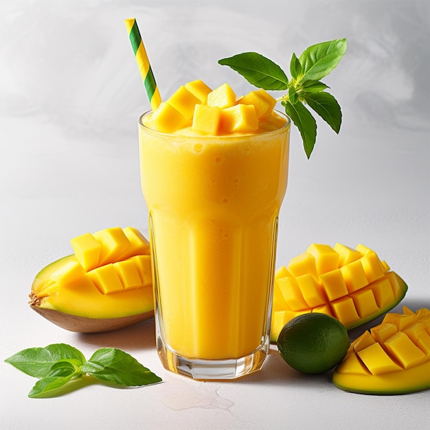 Smoothie de mango fresco en el vaso sobre fondo blanco generativo ai