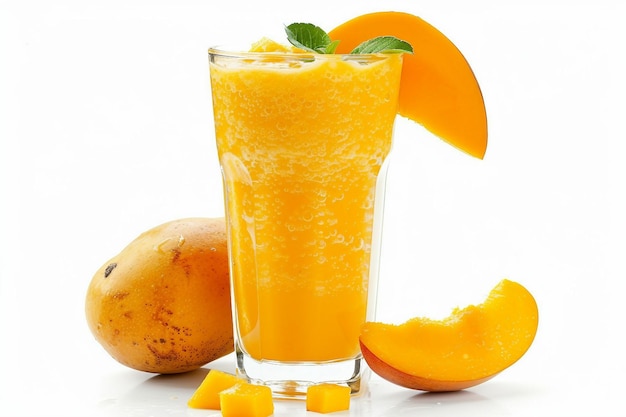 Smoothie de mango y tango naranja sobre un fondo blanco