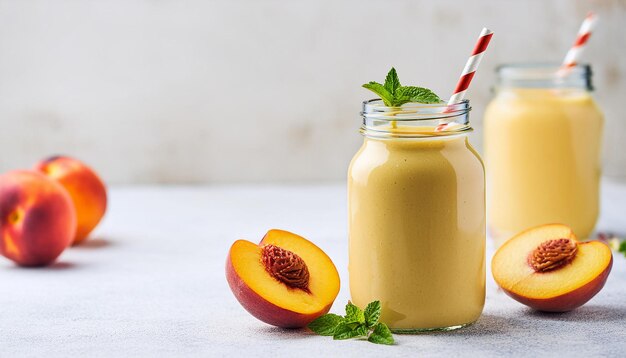 Smoothie de melocotón en botella de vidrio con paja de papel Bebida sabrosa y saludable Deliciosa bebida de verano