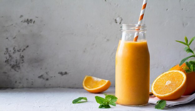 Smoothie de naranja en botella de vidrio con paja de papel bebida sabrosa y saludable bebida de verano