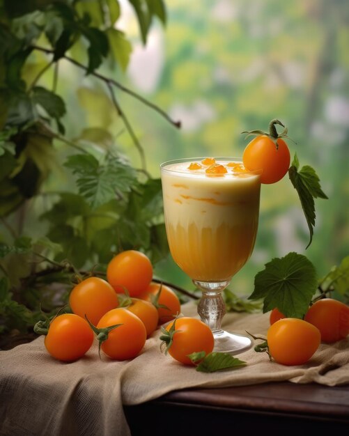 Smoothie Physalis lassi batido con cereza molida en el restaurante de fondo de estudio con jardín