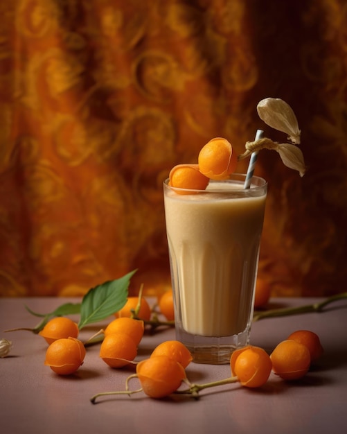 Smoothie Physalis Lassi-Milchshake mit gemahlener Kirsche im Studio-Hintergrundrestaurant mit Garten