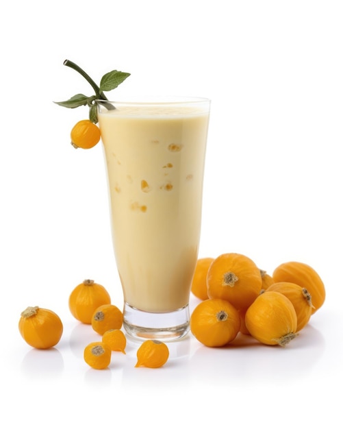 Smoothie Physalis lassi milk-shake com frutas cereja moídas em tiro de estúdio de fundo branco isolado