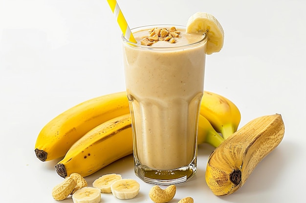 Smoothie de plátano y maní sobre un fondo blanco