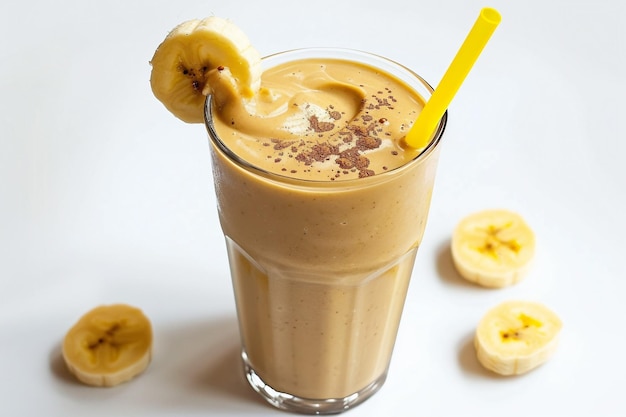 Smoothie de plátano y maní sobre un fondo blanco