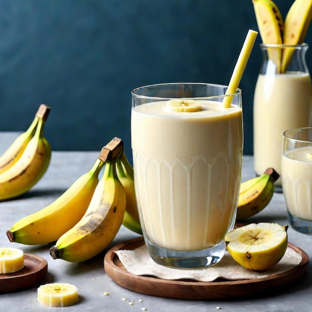 Smoothie de plátano sobre un fondo blanco de madera