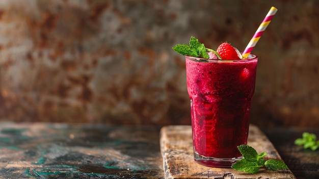 Smoothie de remolacha y bayas en un vaso con una pajita de papel de colores