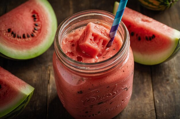 Foto smoothie de sandía en un frasco de albañil con un colorido