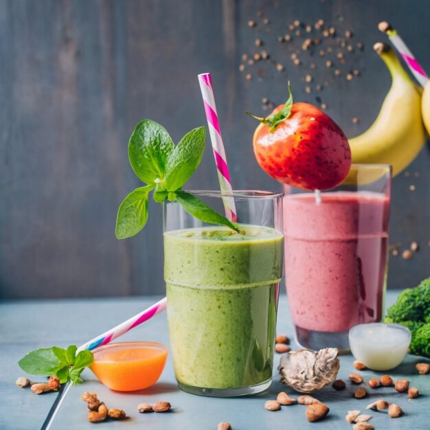 Smoothie saudável em copos com frutas e vegetais em fundo de madeira