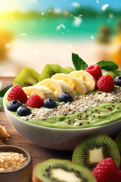 Smoothie-Schüssel mit frischen Beeren und Früchten mit Samen Menü gesundes Frühstück ein vegetarisches Gericht