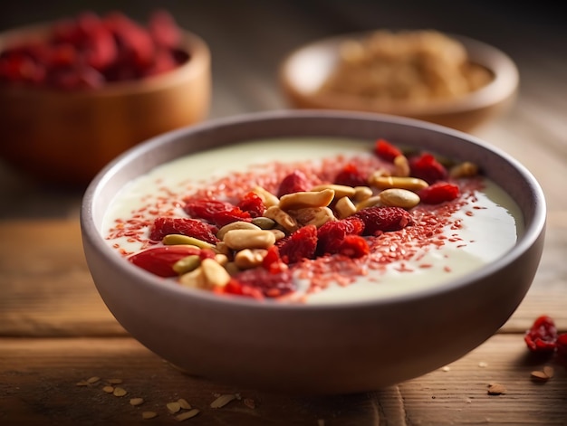 Smoothie-Schüssel mit Goji-Beeren auf einem Holztisch Close Up Ai Generative