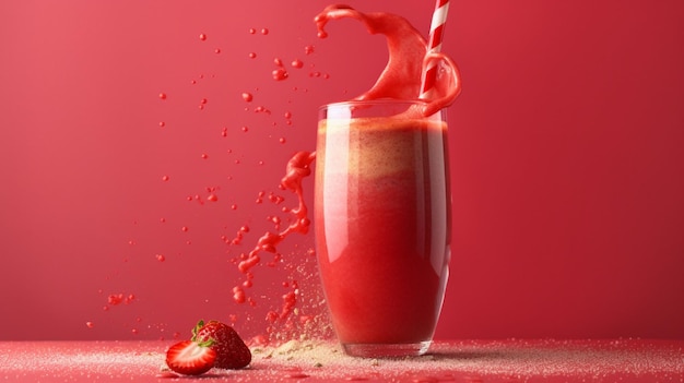 smoothie Um smoothie de morango com um canudo e um canudo é derramado nele