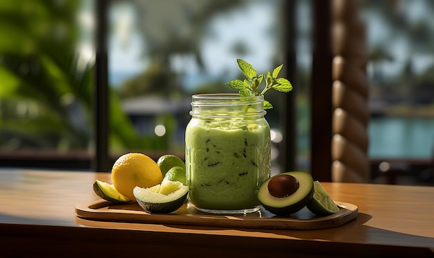 Smoothie verde aguacate en un lugar tropical con vista al océano Smoothie de desintoxicación verde de aguacate y