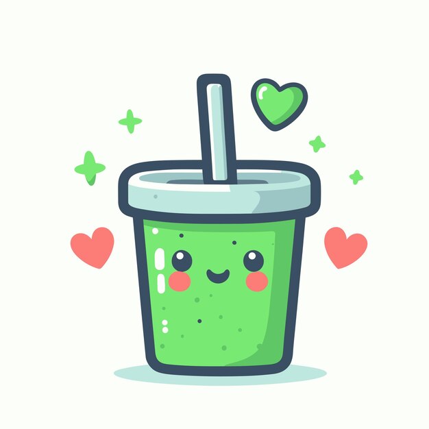 Smoothie verde em um copo com uma palha e corações comida saudável ilustração vetorial kawaii bonito