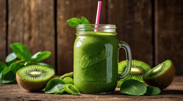 Smoothie verde frasco de jugo rebanada de kiwi guarnición hojas de espinaca fresca bebida nutritiva