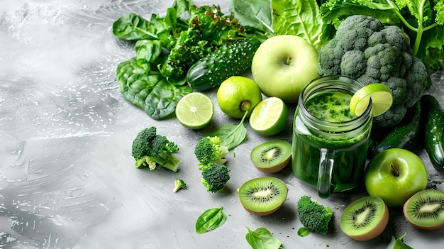 Smoothie verde fresco en un frasco rodeado de frutas y verduras vibrantes en una superficie texturizada Perfecto para un estilo de vida saludable recetas fáciles y artículos de nutrición AI