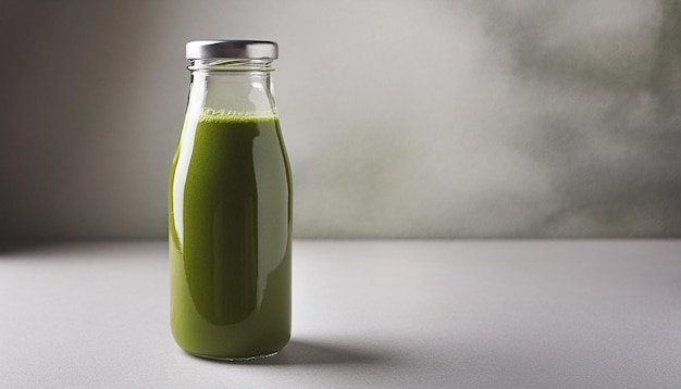 Foto smoothie verde refrescante em garrafa de vidro na mesa bebida saudável e saborosa bebida deliciosa