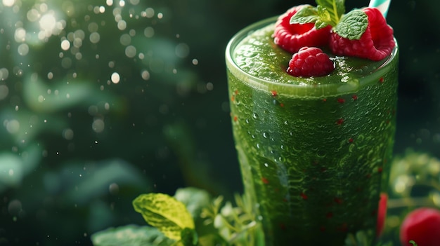 Smoothie verde rico en nutrientes con frambuesas y accesorios para el fitness