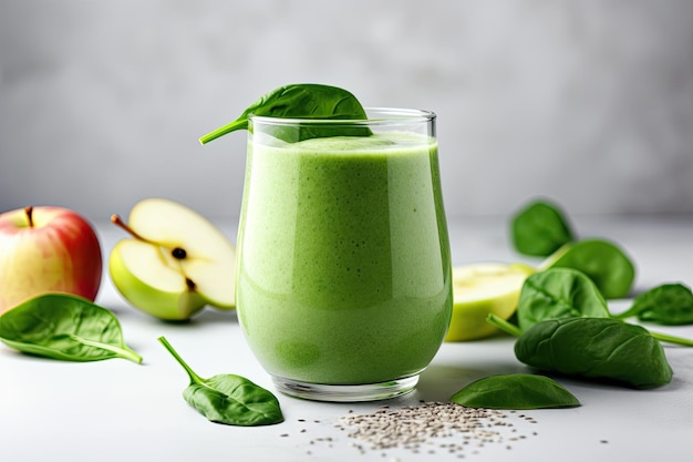 Smoothie verde saludable con manzana de espinaca y semillas de chía en un vaso sobre un fondo claro Smoothie saludable verde con semillas de chia, espinacas y manzana sobre un fondo ligero Generado por IA
