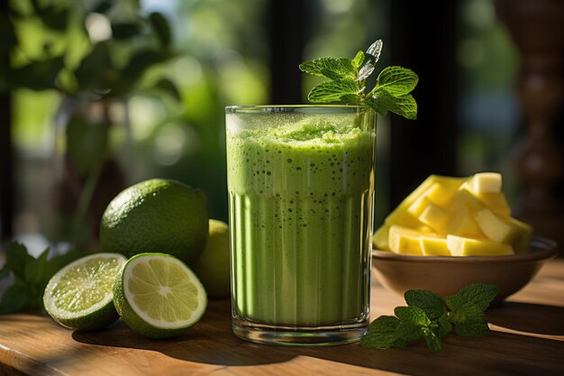 Foto smoothie verde saludable en un vaso alto en una cocina bien iluminada ia generativa