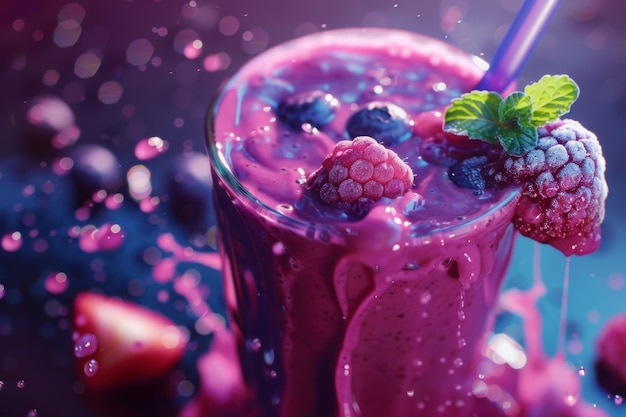 Smoothie violeta refrescante em vidro transparente anúncio de bebida suculenta, úmida e brilhante