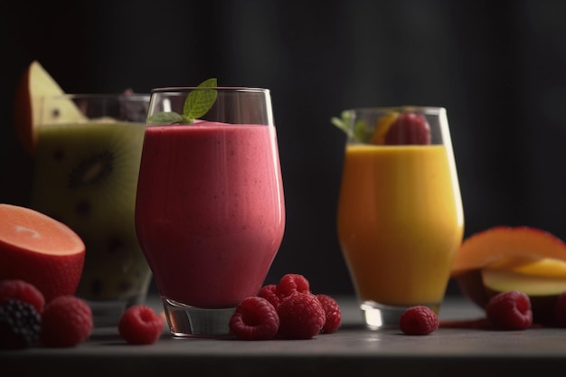 Smoothies aus frischen Früchten, Nahaufnahme verschiedener Geschmacksrichtungen auf schwarzem Hintergrund