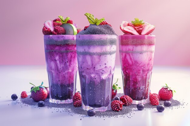 Foto smoothies en capas de bayas y semillas de chía